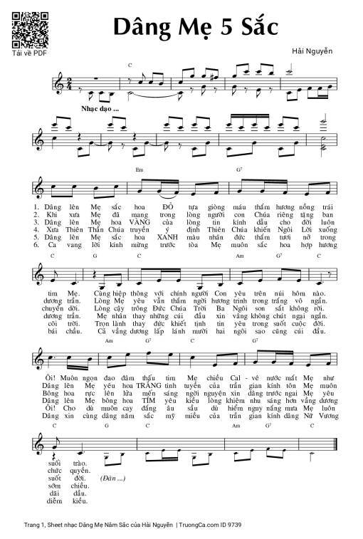 Sheet nhạc PDF bài Dâng Mẹ Năm Sắc
