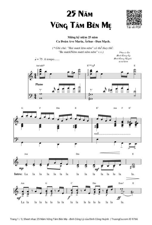 Sheet nhạc PDF bài 25 Năm Vững Tâm Bên Mẹ - đinh Công Lý