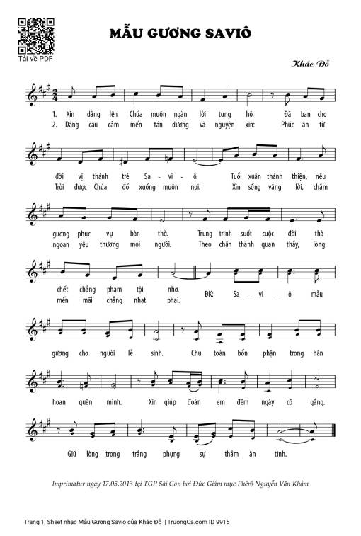 Sheet nhạc PDF bài Mẫu Gương Savio