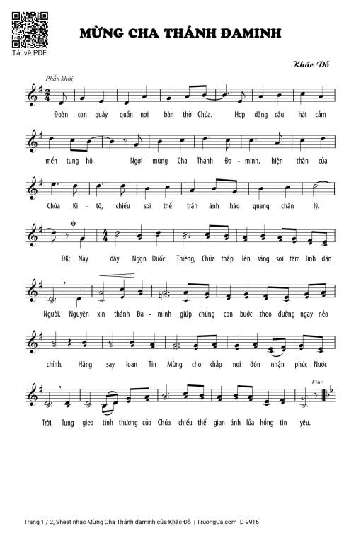 Sheet nhạc PDF bài Mừng Cha Thánh đaminh