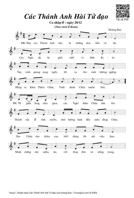 Sheet nhạc PDF bài Các Thánh Anh Hài Tử đạo