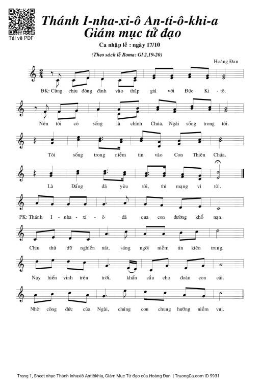 Sheet nhạc PDF bài Thánh Inhaxiô Antiôkhia, Giám Mục Tử đạo